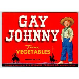Gay Johnny Texas Vegetables Label Vintage 1950s Original John Boy In Cowboy Hat
